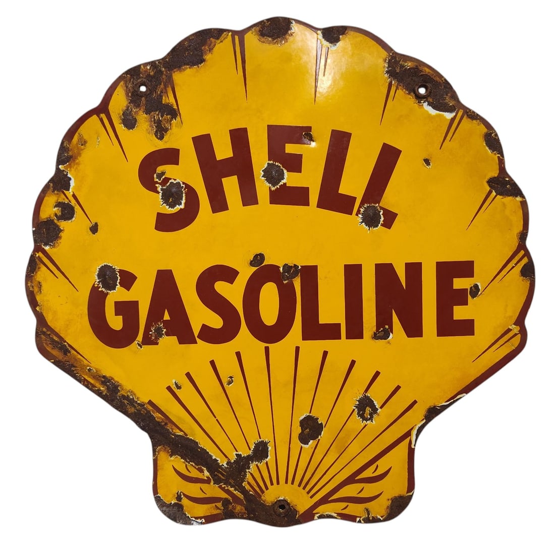 Porcelain Shell Gasoline Advertising Sign / Pump Plate.: Porcelain Advertising. Measures approx 11 3/4 inches x 11 3/4. Please examine photos. We are unsure of age, selling as is. Recently out of a local private collection.