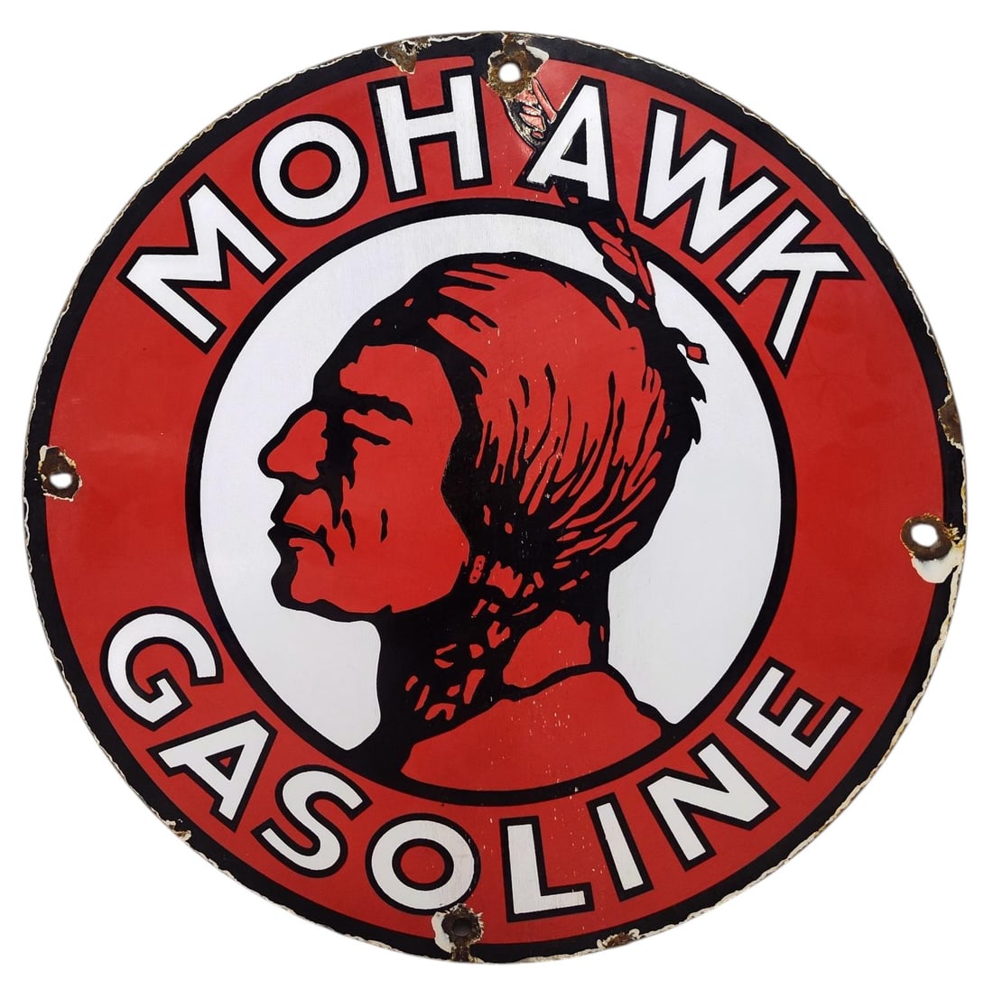 Round Porcelain Mohawk Gasoline Advertising Sign / Pump Plate. (1 of 2)