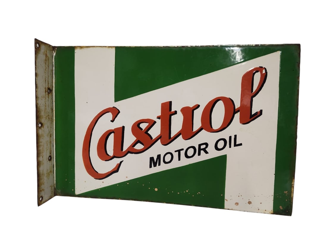 Porcelain Double Sided Castrol Motor Oil Flange Advertising Sign. (1 of 5)
