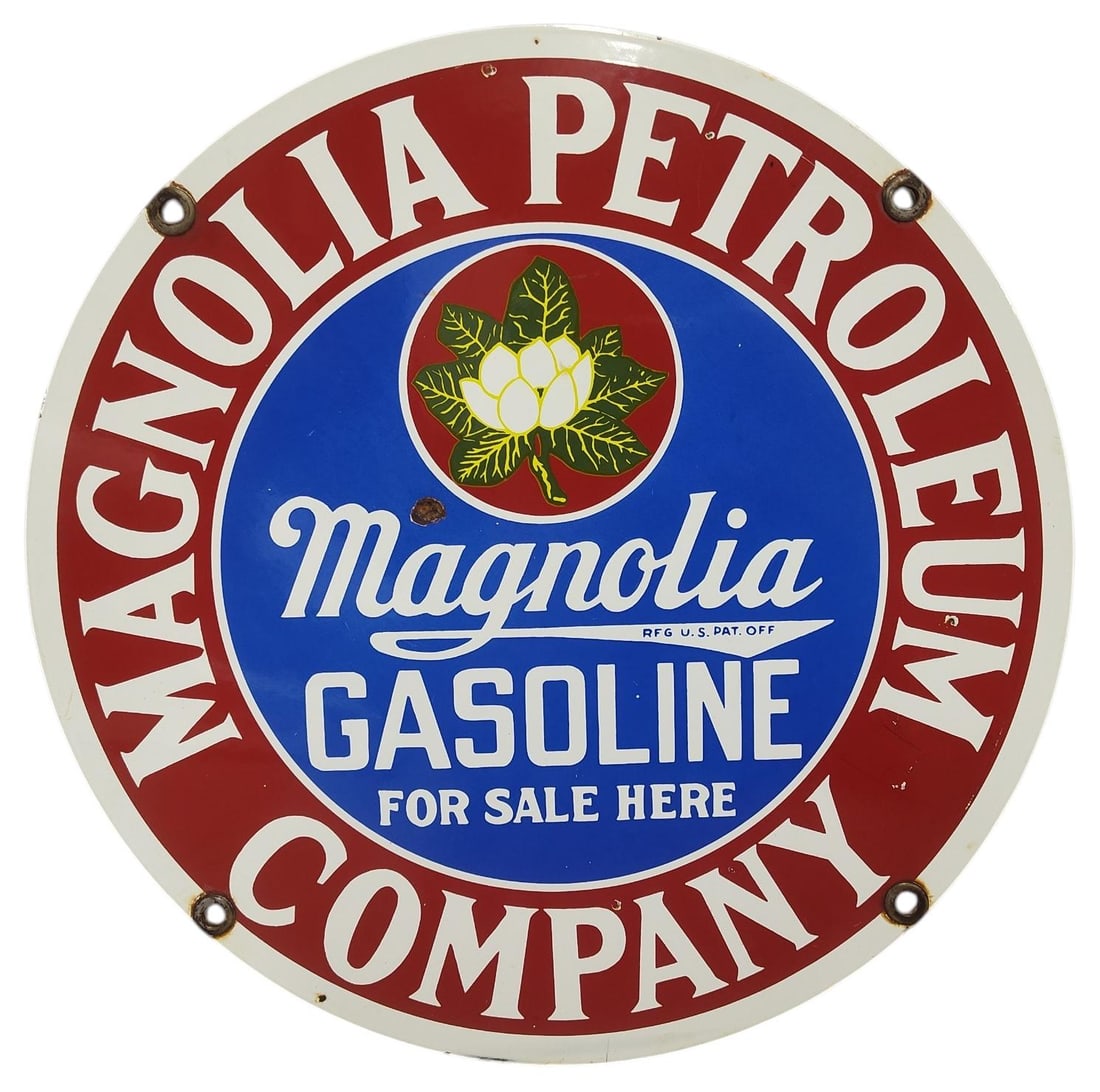 Round Porcelain Magnolia Gasoline Advertising Sign. (1 of 2)