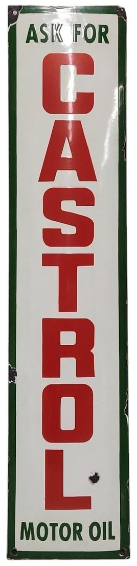 Porcelain Castrol Motor Oil Advertising Sign.: Porcelain Advertising. Measures approx 35 1/2 inches x 8 inches. Please examine photos. We are unsure of age, selling as is. Recently out of a local private collection.