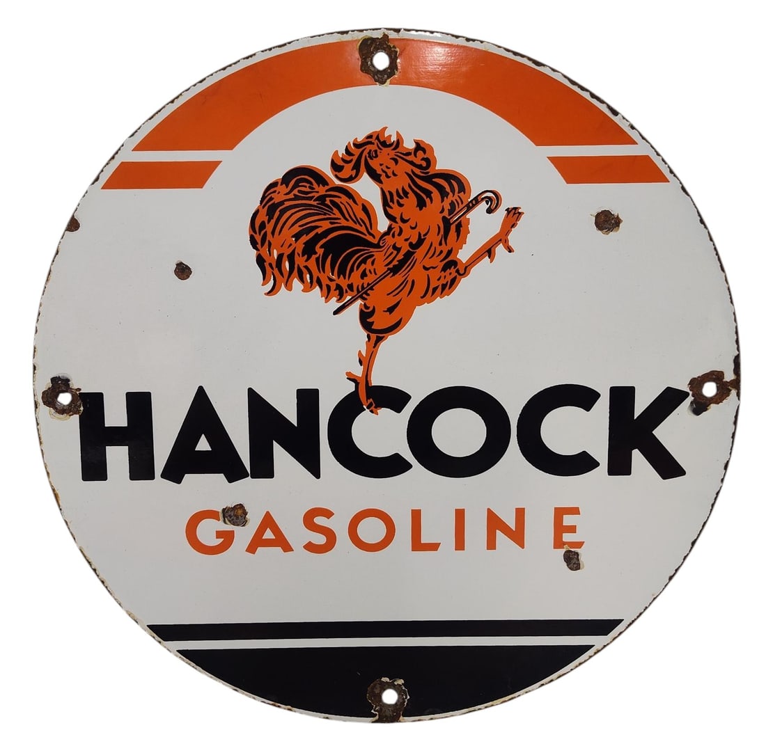 Round Porcelain Hancock Gasoline Advertising Sign / Pump Plate. (1 of 2)