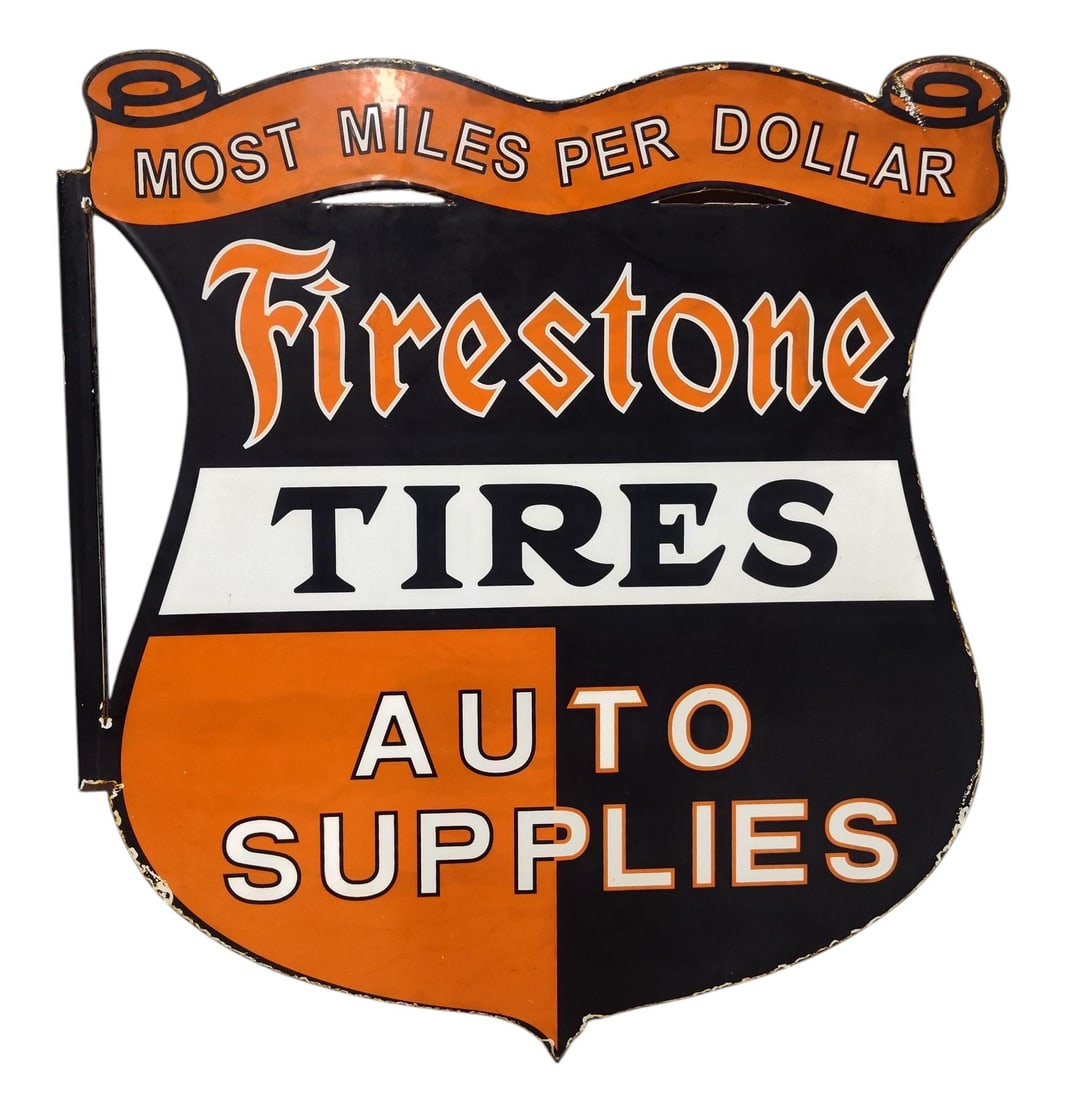 Porcelain Double Sided Firestone Tires Flange Advertising Sign. (1 of 4)