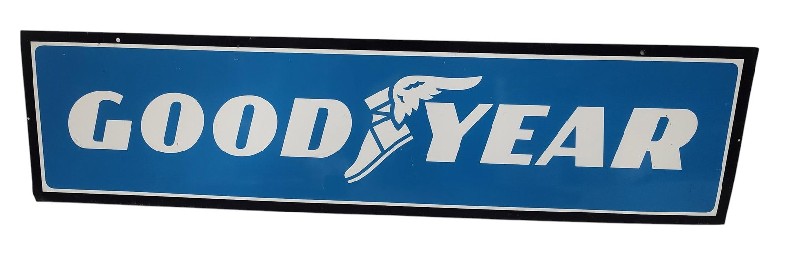 Tin Double Sided Goodyear Tire Advertising Sign.: Tin Double Sided Goodyear Tire Advertising Sign Measures approx 48 inches x 12 inches. Please examine photos. We are unsure of age, selling as is. Recently out of a local private collection.