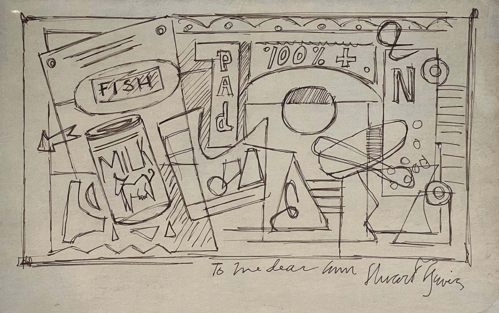 Stuart Davis, Ink on carboard.: Stuart Davis (1892-1964) Title: Untitled (Program for a dinner organized by "Del Monte Logge"), Medium: Ink on cardboard, Date: 1957, Size: 9.75" H x 12" W inches. This lot is accompanied by a Certifi