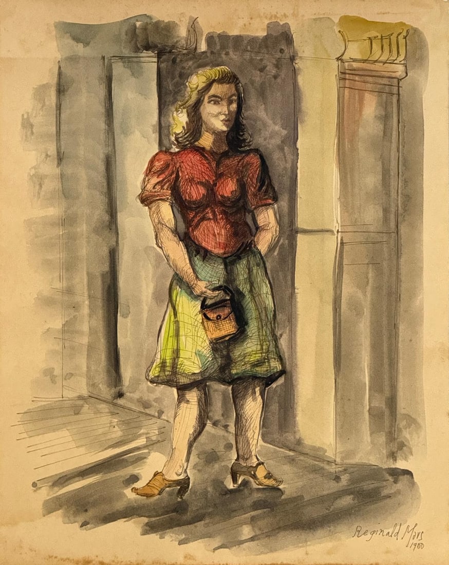 Reginald Marsh, Watercolor on paper.: Reginald Marsh (1898–1954)Title: Girl Walking, Medium: Watercolor on paper, Size: 14" h x 11" w inches, Date: 1950. This lot is accompanied by a Certificate of Attribution and is not a reproduction,