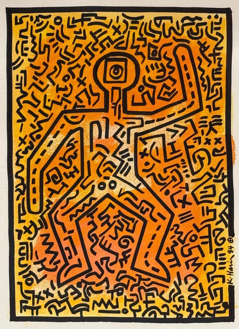 Keith Haring, Acrylic and ink on cardboard.: Keith Haring (1958-1990) Title: Untitled (Personage), Medium: Acrylic and ink on cardboard, Size: 15 h x 11 w in, Date: 1984. This lot is accompanied by a Certificate of Attribution and is not a repro