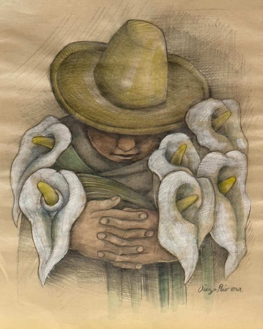 Diego Rivera, Tempera and pencil on paper.: Diego Rivera (1886-1957) Title: "Vendedor de Alcatraces", Medium: Tempera and pencil on paper, Date: circa 1947, Size: 14.75 h x 12 w in (37.50 h x 30.50 w cm). COA by Mrs. Ruth Alvarado Rivera. Was o