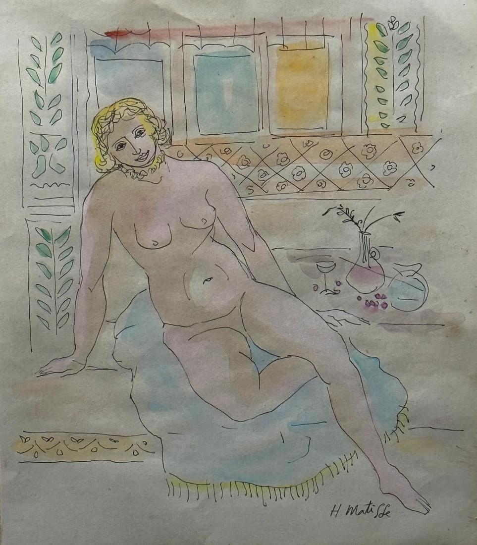 Henri Matisse, Watercolor and ink on paper.: Henri Matisse (1869-1954) Title: Untitled, Medium: Watercolor and ink on paper, Date: ca. 1929, Size: 10.75 h x 9.50 w in. This lot is accompanied by a COA (Certificate of Attribution) and is not a re