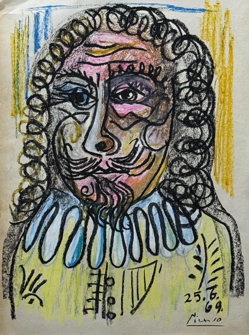 Pablo Picasso, Oil pastel on paper.: Pablo Picasso (Spanish, 1881–1973) Title: Untitled (Gentleman portrait), Medium: Oil pastel on paper, Date: 1969 (25.6.69), Size: 13.50 h x 9.50 w in. This lot is accompanied by a COA (Certificate o