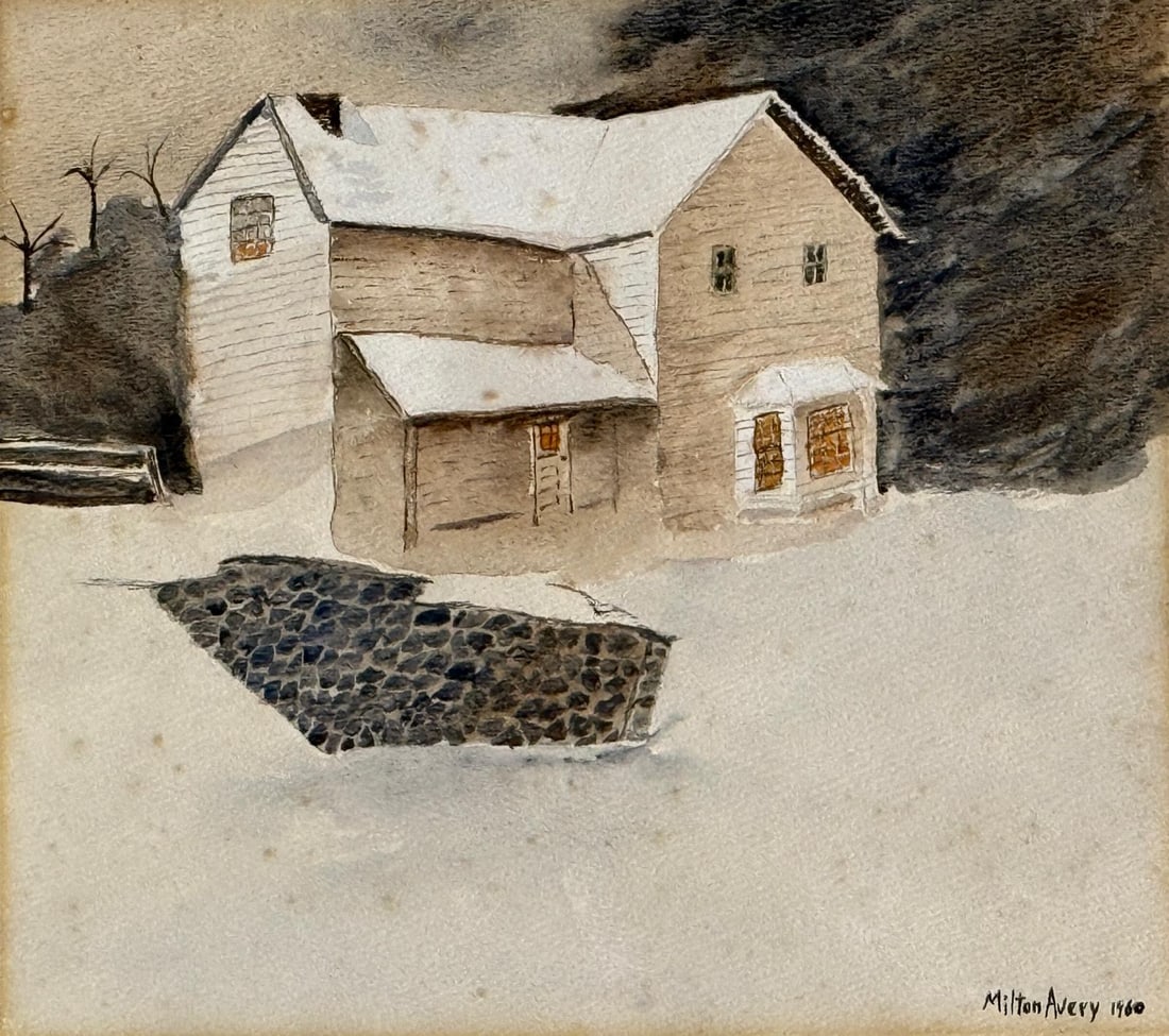 Milton Avery, Tempera on cardboard.: Milton Avery (1885–1965) Title: Untitled (Landscape), Medium: Tempera on cardboard, Date: 1960, Size: 10 h x 11 w in. This lot is accompanied by a COA (Certificate of Attribution) and is not a repro