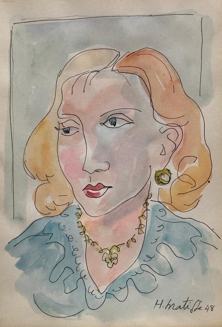 Henri Matisse, Tempera and ink on paper.: Henri Matisse (1869-1954) Title: Untitled (Portrait of a woman), Medium: Tempera and ink on paper, Date: 1948, Size: 10 h x 7 w in. This lot is accompanied by a COA (Certificate of Attribution) and is