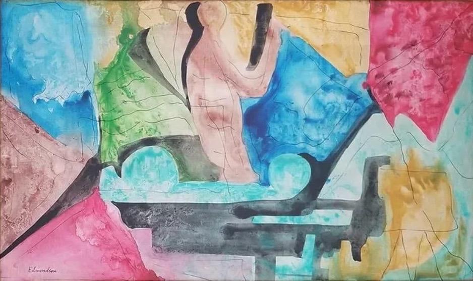 Leonard Edmondson, Acrylic on masonite.: Leonard Edmondson (1916–2002) Title: Untitled (Abstract composition), Medium: Acrylic on masonite, Size: 34" h x 23" w inches, Date: Undated. This lot is accompanied by a COA (Certificate of Attribu