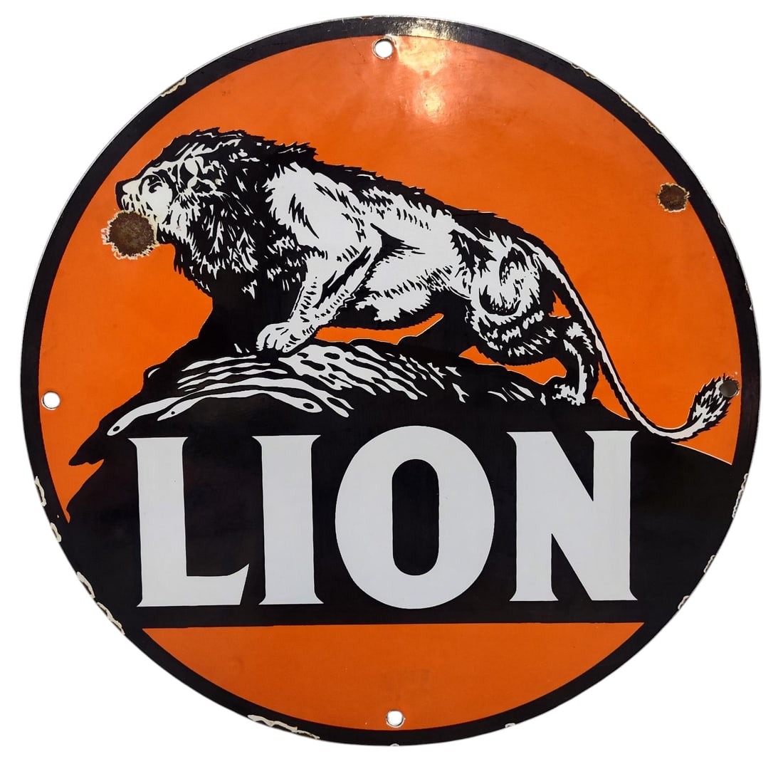 Round Porcelain Lion Gasoline Advertising Sign / Pump Plate.: Coming Soon