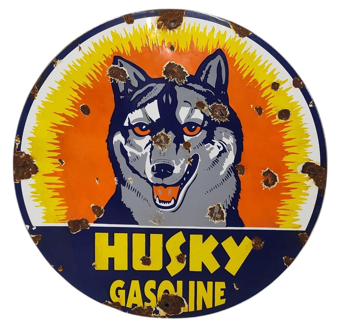 Round Porcelain Husky Gasoline Advertising Sign / Pump Plate.: Coming Soon