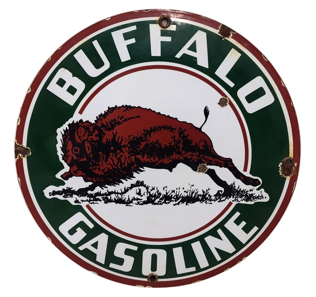Round Porcelain Buffalo Gasoline Advertising Sign / Pump Plate.: Coming Soon