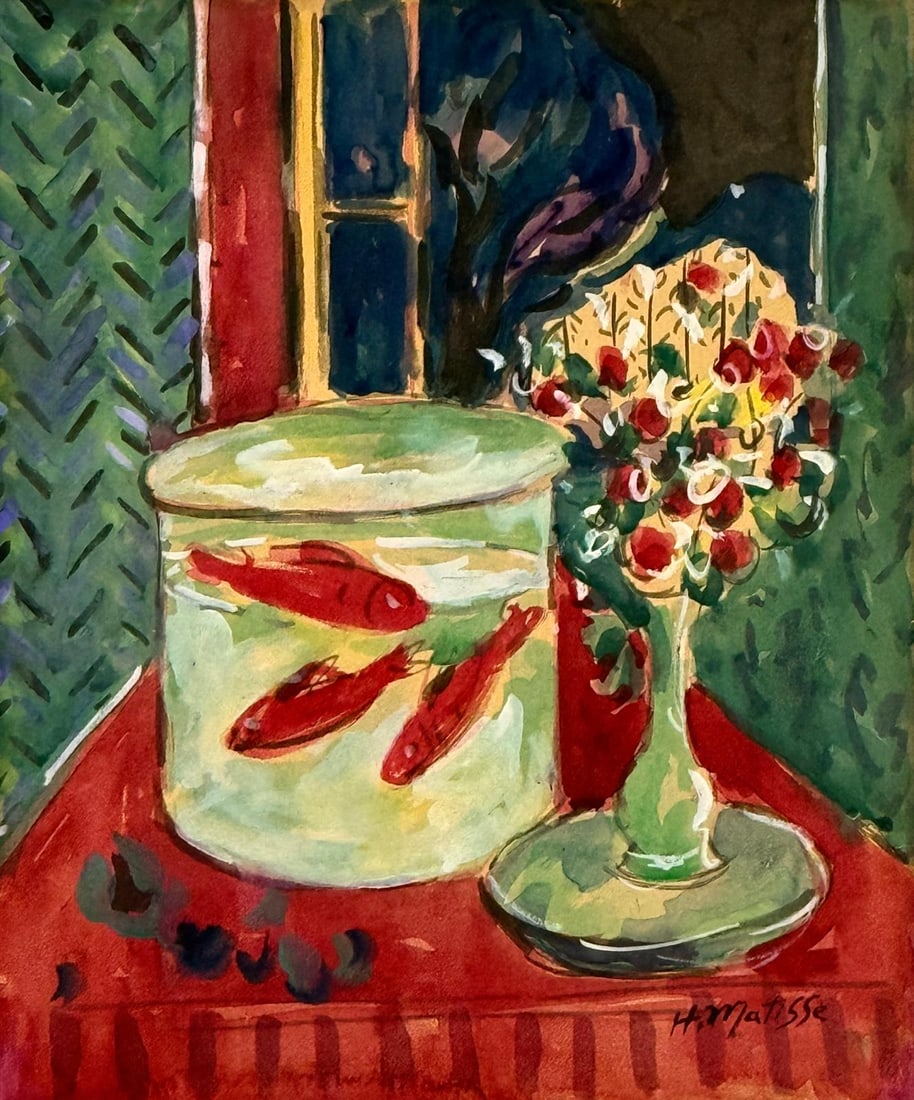 Henri Matisse, Watercolor on paper.: Henri Matisse (1869-1954) Title: Untitled (Goldfish), Medium: Watercolor on paper, Date: ca. 1912, Size: 12 h x 10 w in. This lot is accompanied by a COA (Certificate of Attribution) and is not a repr