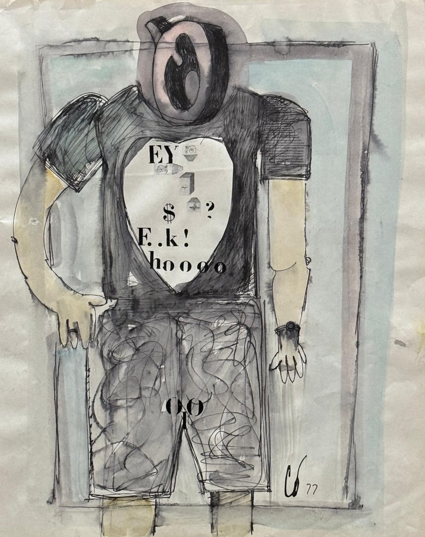 Claes Oldenburg, Watercolor and ink on paper.: Claes Oldenburg (American, 1929-2022) Title: Untitled (Social experiment), Medium: Watercolor and ink on paper, Date: 1977, Size: 16.75 h x 13.75 w in. This lot is accompanied by a COA (Certificate of