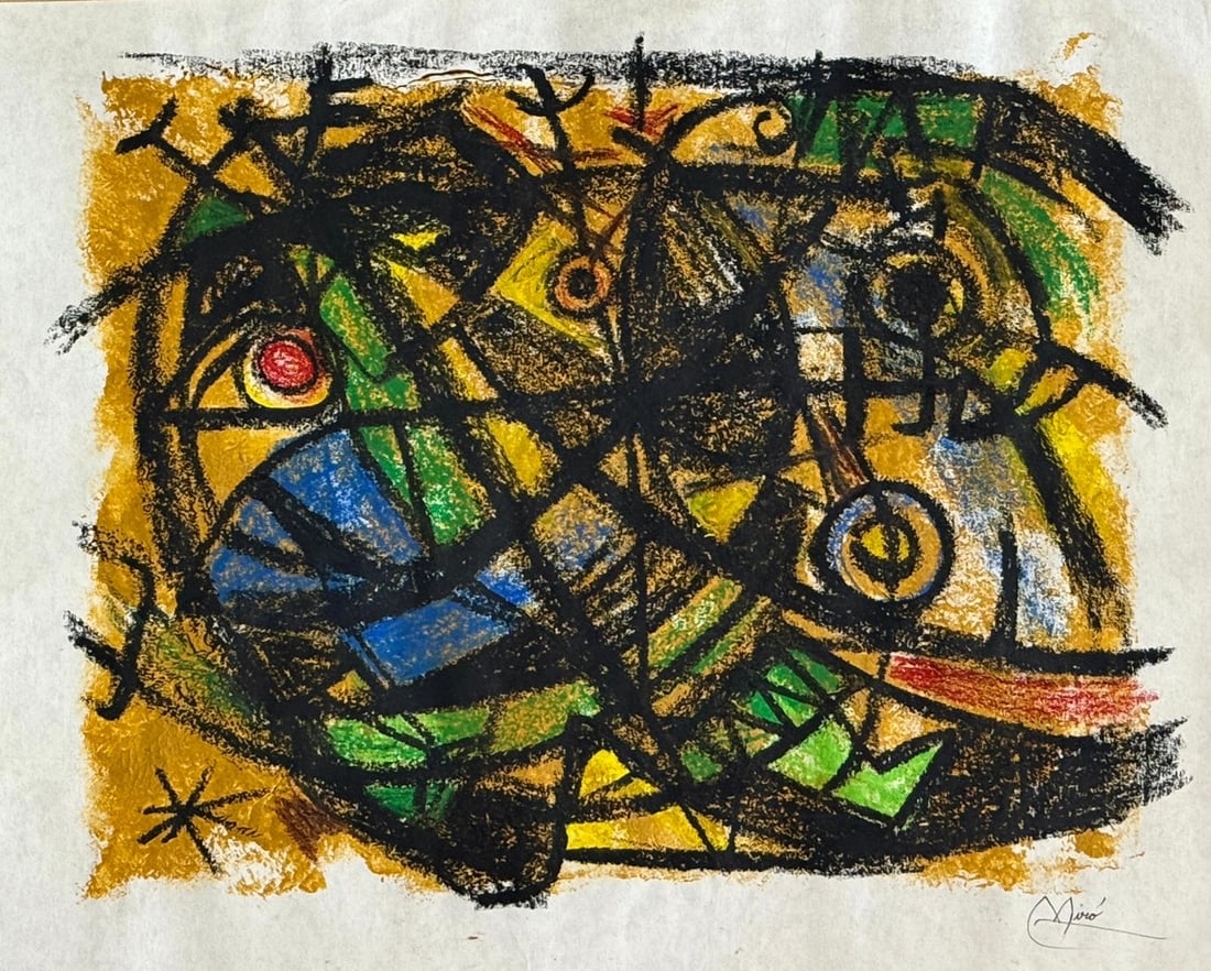 Joan Miro, Tempera and pastel on paper.: Joan Miro (1893-1983) Title: Untitled (Abstract composition), Medium: Tempera and pastel on paper, Size: 13.50 h x 17 in, Date: 1964. This lot is accompanied by a COA (Certificate of Attribution) and 