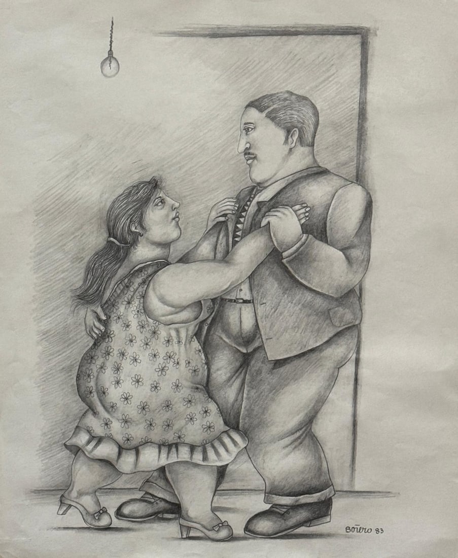 Fernando Botero, Pencil on paper.: Fernando Botero (1932-2023) Title: Untitled (Pareja bailando), Medium: Pencil on paper, Size: 17 h x 14 w in, Date: 1983. This lot is accompanied by a COA (Certificate of Attribution) and is not a rep