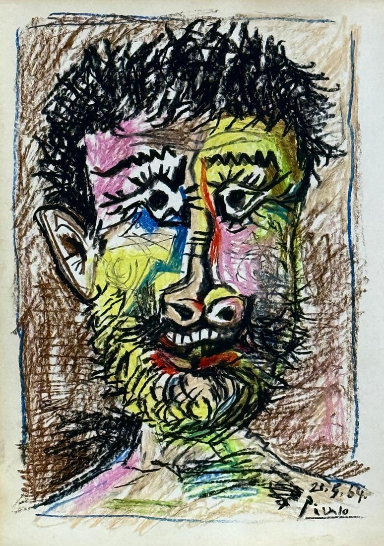 Pablo Picasso, Pastel on paper.: Pablo Picasso (1881-1973) Title: Untitled (Portrait of bearded man with teeth), Medium: Pastel on paper, Date: 1964, Size: 11.50 h x 8.25 w in. This lot is accompanied by a COA (Certificate of Attribu