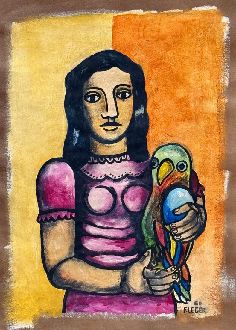 Fernand Leger, Tempera on paper.: Fernand Leger (1881-1955) Title: Untitled (Girl with a Bird), Medium: Tempera on paper, Size: 14 h x 10.75 w in, Date: 1950. This lot is accompanied by a COA (Certificate of Attribution), and is not a