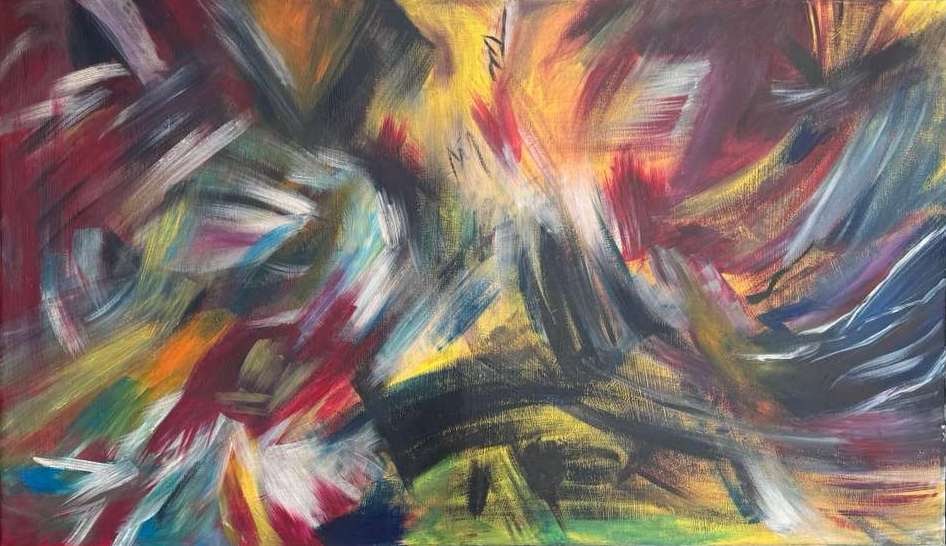 Hassel Smith, Oil on canvas.: Hassel Smith (American, 1915â-2007) Title: Untitled (Abstract composition), Medium: Oil on canvas, Date: 1988, Size: 27 h x 46.50 w in. This lot is accompanied by a COA (Certificate of Attribution) a
