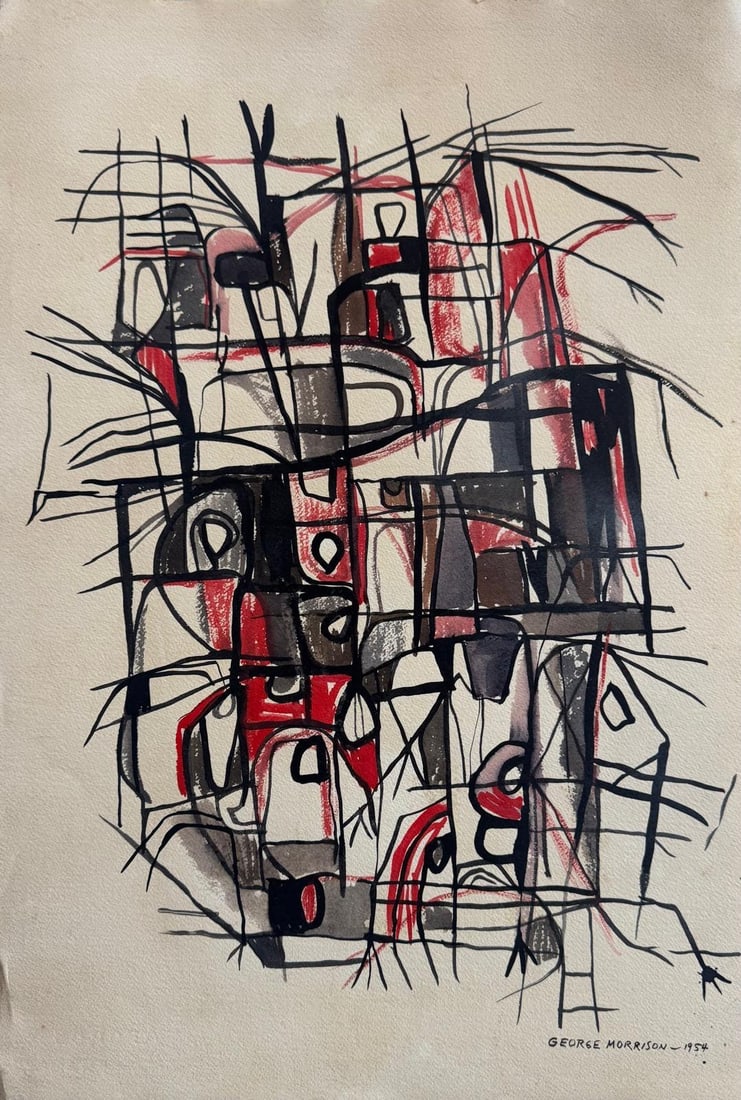 George Morrison, Watercolor on paper.: George Morrison (1919-2000) Title: Untitled (Abstract composition), Medium: Watercolor on paper, Size: 22 h x 15 w in, Date: 1954. This lot is accompanied by a COA (Certificate of Attribution), and is