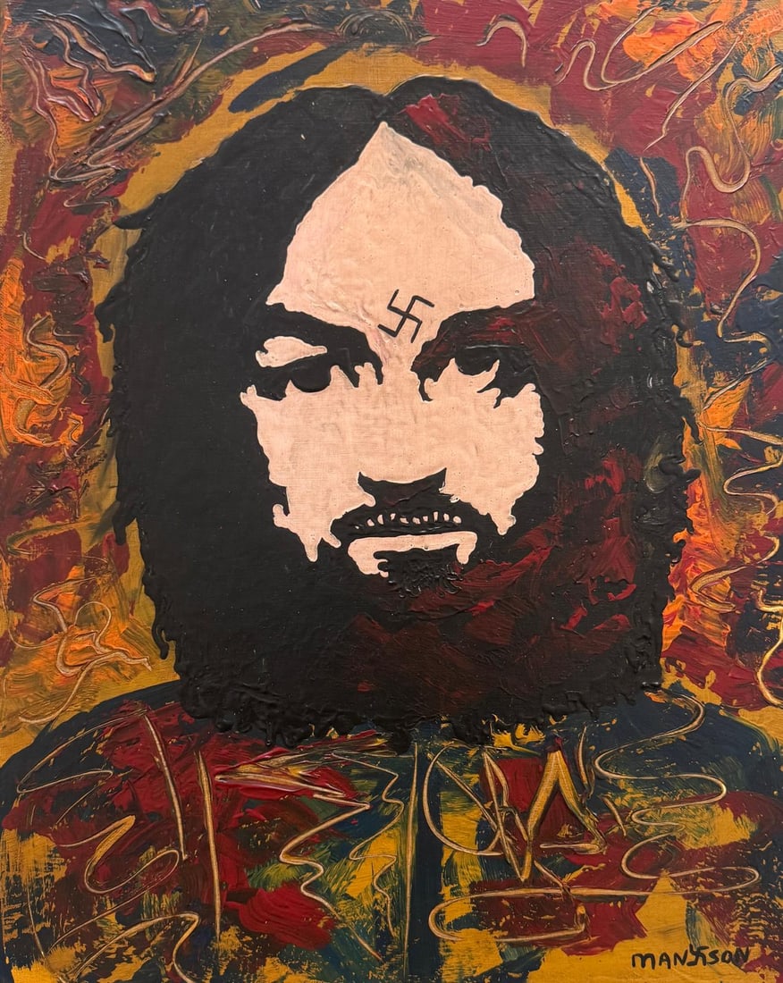Charles Manson, Mixed media on canvas panel.: Charles Manson (American, born 1934) Title: Untitled (Portrait), Medium: Mixed media on canvas panel, Size: 20 h x 16 w inches, Date: Undated. This lot is accompanied by a COA (Certificate of Attribut
