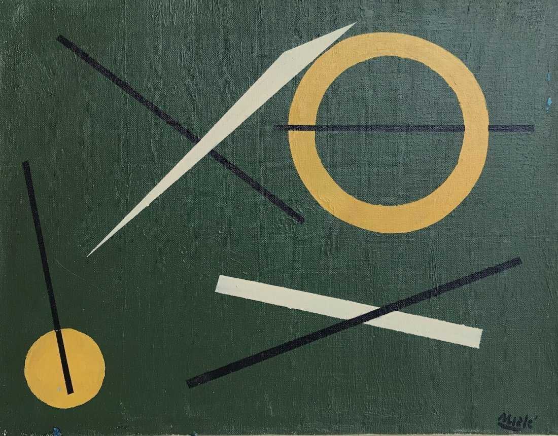 Juan Mele, Oil on canvas.: Juan Nicolas Mele (1923-2012) Title: Untitled (Geometric composition), Medium: Oil on canvas, Date: ca. 1945, Size: 16 h x 12.50 w in. This lot is accompanied by a COA (Certificate of Attribution), an