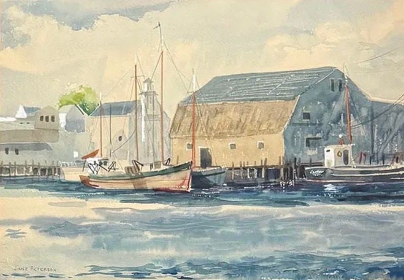 Jane Peterson, Watercolor on paper.: Jane Peterson (1876-1965) Title: Untitled (Harbor landscape), Medium: Watercolor on paper, Date: ca. 1925, Size: 11 h x 15.50 w in. This lot is accompanied by a COA (Certificate of Attribution), and i