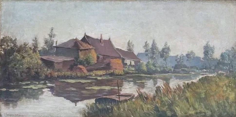 George Thompson Pritchard, Oil on canvas.: George Thompson Pritchard (American, 1878-1962) Title: Untitled (Landscape with a river), Medium: Oil on canvas, Date: Undated, Size: 16 h x 32 w in. This lot is accompanied by a COA (Certificate of A