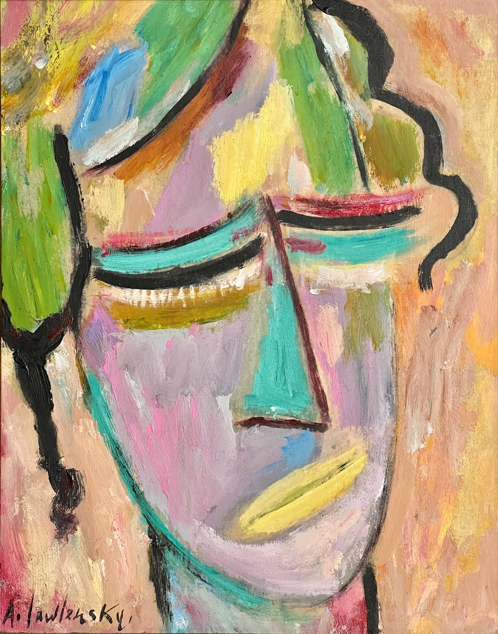 Alexej Jawlensky, Oil on canvas.: Alexej von Jawlensky (1864-1941) Title: Untitled (Portrait), Medium: Oil on canvas, Size: 10" H x 8" W inches, Date: ca. 1934. This lot is accompanied by a COA (Certificate of Attribution), and is not