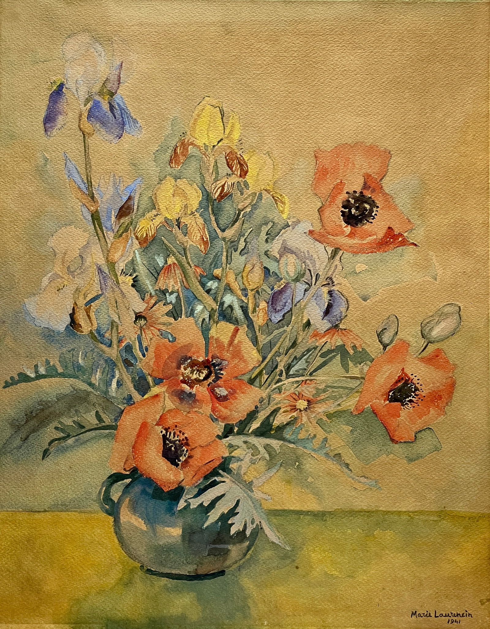 Marie Laurencin, Watercolor on paper.: Marie Laurencin (1883-1956) Title: Untitled (Flowers), Medium: Watercolor on paper, Date: ca. 1941, Size: 21.50" H x 18" W in. This lot is accompanied by a COA (Certificate of Attribution), and is not
