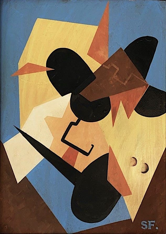 Suzy Frelinghuysen, Oil on board.: Suzy Frelinghuysen (1911-1988) Title: Untitled (Cubism Modernist Composition), Medium: Oil on board, Size: 24" H x 18" W (in), Date: ca. 1940-44. This lot is accompanied by a COA (Certificate of Attri