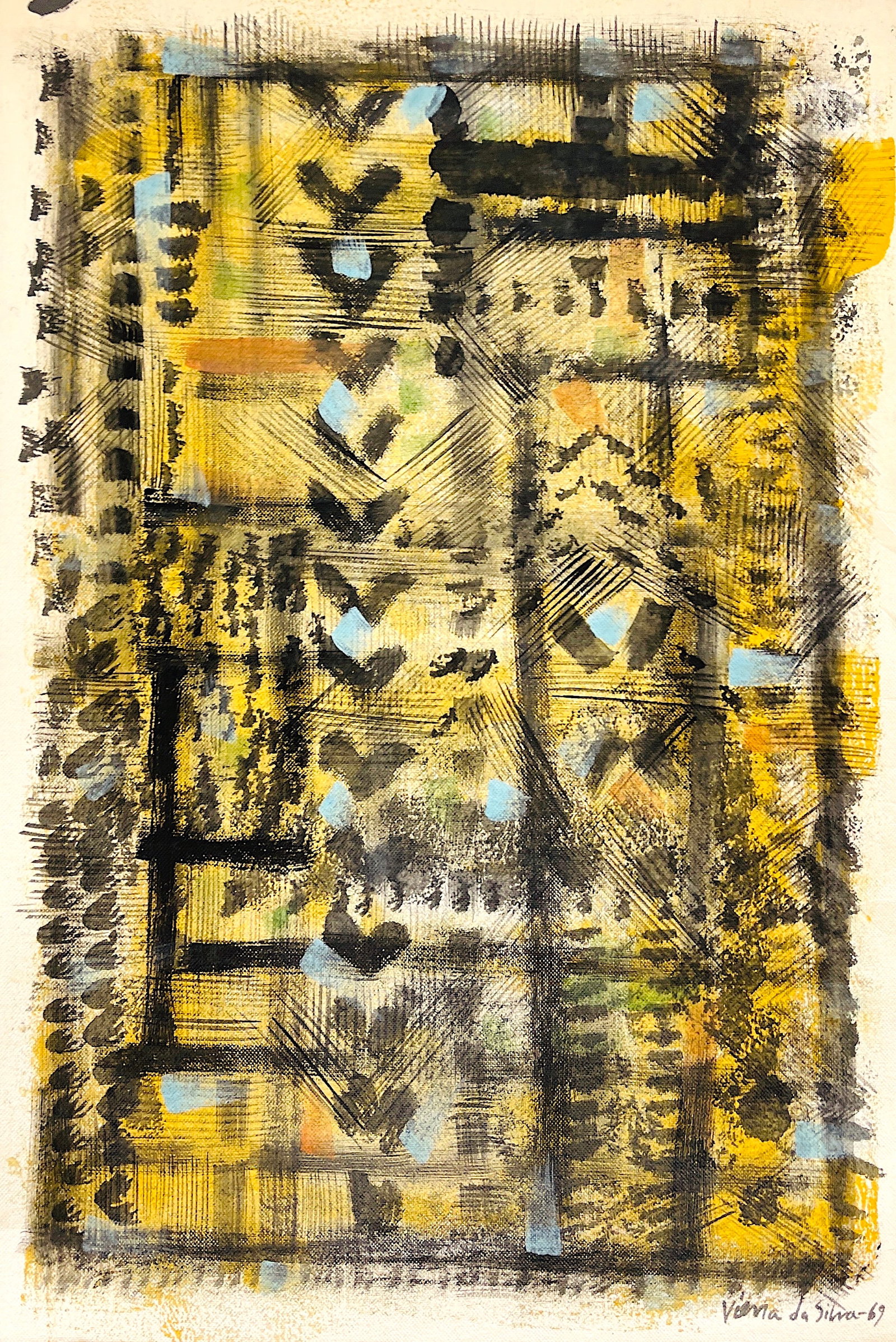 Maria Helena Vieira Da Silva, Oil on cardboard.: Maria Helena Vieira Da Silva (1908-1992) Title: Untitled (Abstract composition), Medium: Oil on cardboard, Size: 18" H x 12" W inches, Date: 1969. This lot is accompanied by a COA (Certificate of Attr