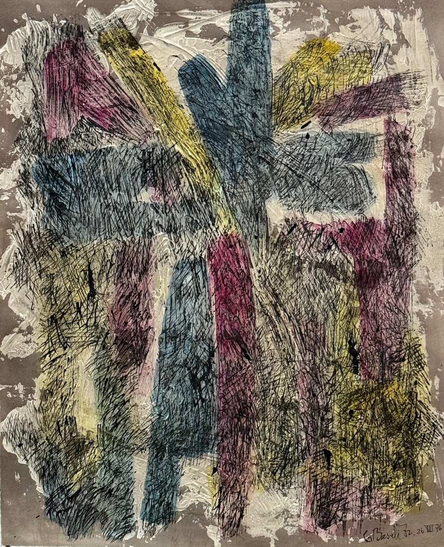 Georg Baselitz, Tempera and ink on paper.: Georg Baselitz (German, 1938–2026) Title: Untitled (Abstract composition), Medium: Tempera and ink on paper, Size: 17 h x 14 w inches, Date: 1976 (26-VIII-76). This lot is accompanied by a COA (Cert