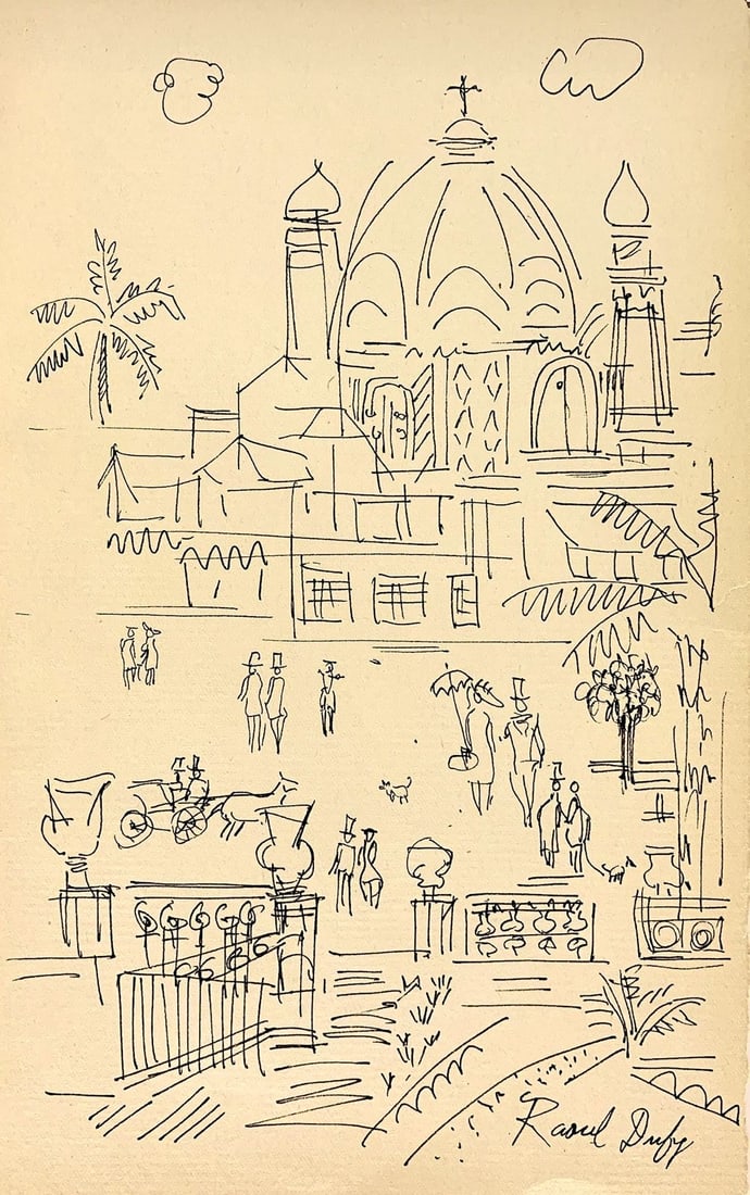 Raoul Dufy, Ink on paper.: Raoul Dufy (1877-1953) Title: Untitled (Parisian landscape), Medium: Ink on paper, Date: ca.1935-40, Size: 8.50" H x 5.25" W inches. This lot is accompanied by a COA (Certificate of Attribution), and 