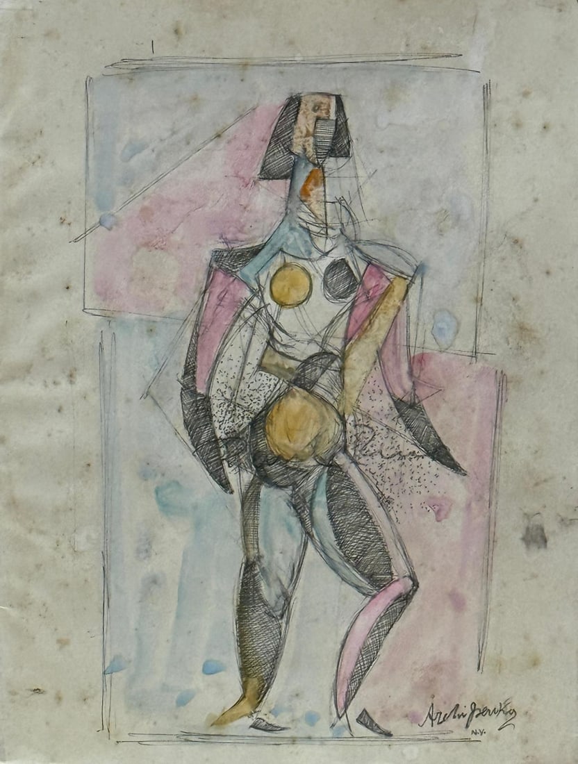 Alexander Archipenko, Tempera and ink on paper.: Alexander Archipenko (American/Ukrainian, 1887-1964) Title: Untitled(Danseuse du MÃ©drano), Medium: Tempera and ink on paper, Date: ca. 1914, Size: 11 h x 8.50 w in. This lot is accompanied by a COA