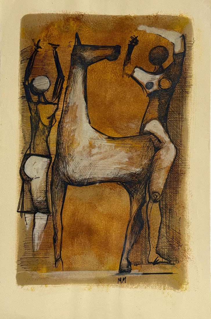 Marino Marini, Oil and ink on paper.: Marino Marini (1901-1980) Title: Untitled, Medium: Oil and ink on paper, Date: circa 1967, Size: 19" h x 12.50" w inches. This lot is accompanied by a COA (Certificate of Attribution), and is not a re