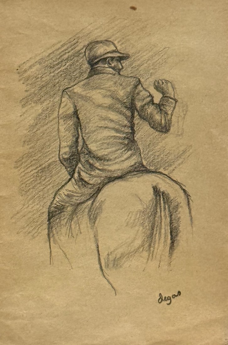 Edgar Degas, Charcoal on paper.: Edgar Degas (1834-1917) Title: Untitled ( Jockey on a Horse), Medium: Charcoal on paper, Date: ca. 1882, Size: 9 h x 6 w inches. This lot is accompanied by a COA (Certificate of Attribution), and is n