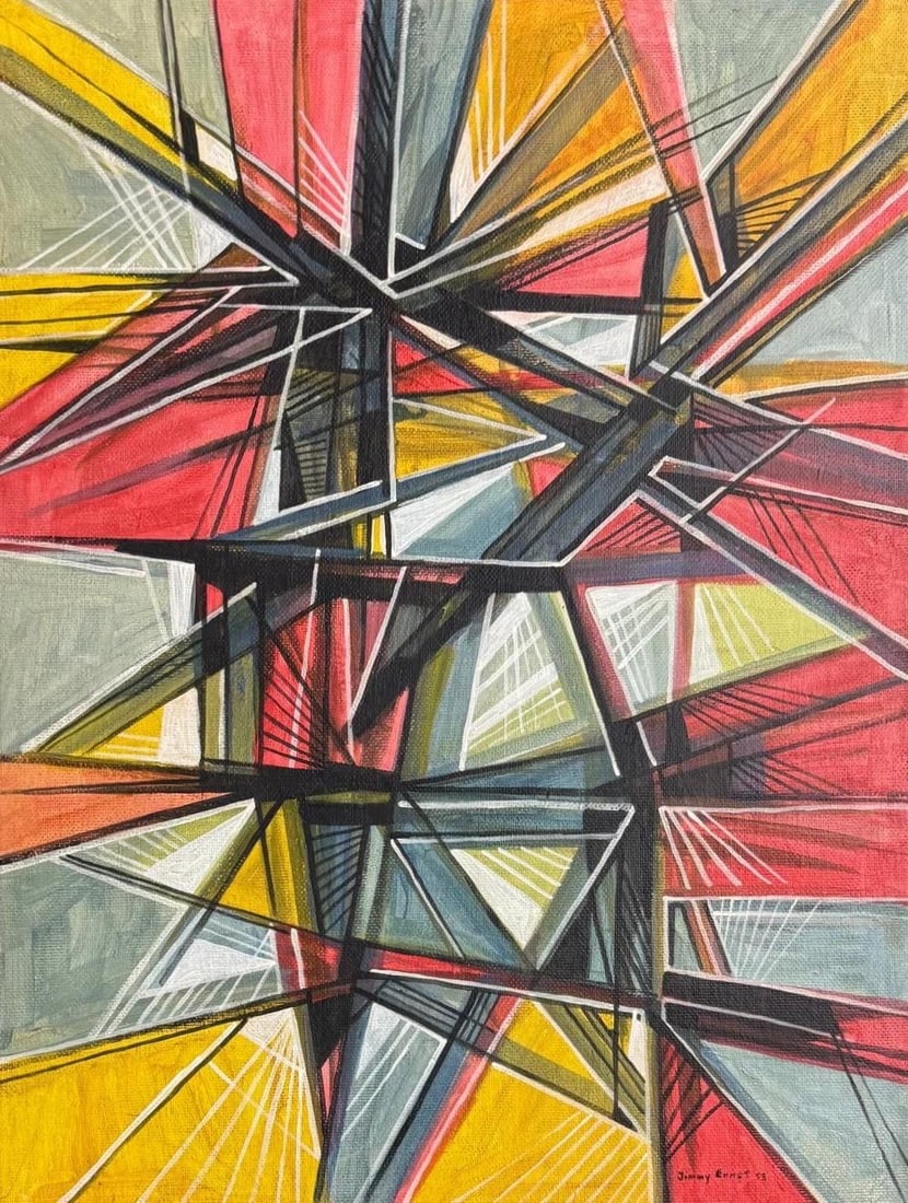 Jimmy Ernst, Oil on board.: Jimmy Ernst (1920-1984) Title: Untitled (Cubism Modernist Composition), Medium: Oil on board, Size: 30" h x 23.5" w inches, Date: 1958. This lot is accompanied by a COA (Certificate of Attribution) an