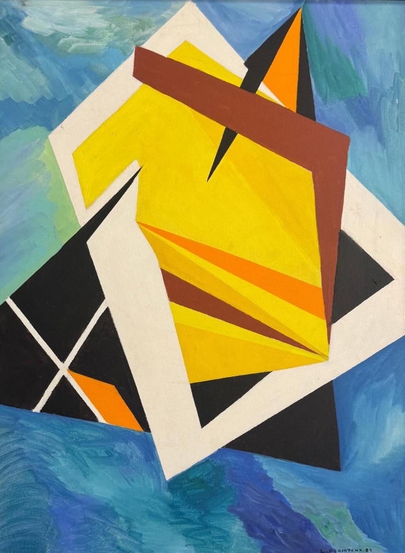 Leopold Plomteux, Acrylic on canvas.: Leopold Plomteux (1920-2008) Title: Untitled (Cubism Modernist Composition), Medium: Acrylic on canvas, Size: 24" h x 18" w inches, Date: 1981. This lot is accompanied by a COA (Certificate of Attribu
