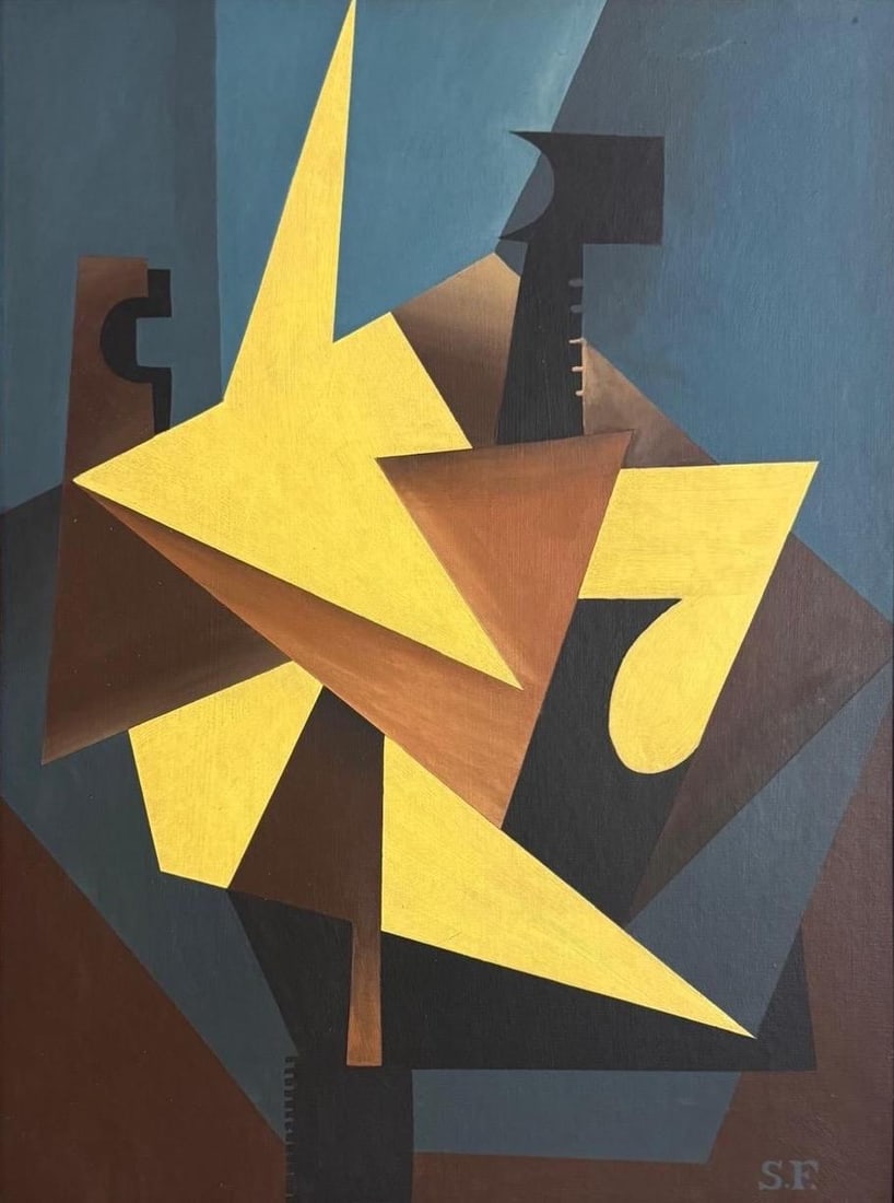 Suzy Frelinghuysen, Oil on canvas board.: Suzy Frelinghuysen (1911-1988) Title: Untitled (Cubism Modernist Composition), Medium: Oil on canvas board, Size: 28" h x 22" w inches, Date: ca. 1940. This lot is accompanied by a COA (Certificate of