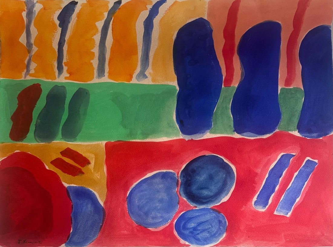 Tadeusz Dominik, Watercolor on heavy paper.: Hassel Smith (American, 1915-2007) Title: Untitled (Abstract composition), Medium: Oil on canvas, Date: 1988, Size: 27 h x 46.50 w in. This lot is accompanied by a COA (Certificate of Attribution) and