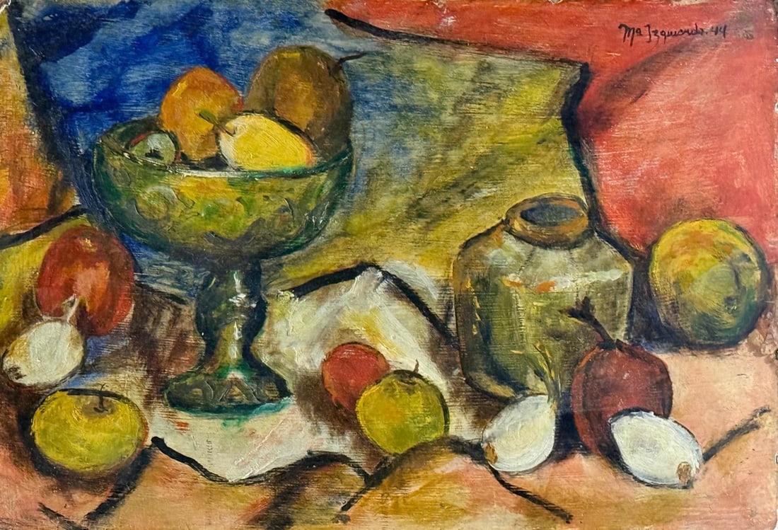 Maria Izquierdo,Oil on board.: Maria Izquierdo (1906-1955) Title: Still life, Medium: Oil on board, Size: 11 h x 16 w in, Date: 1944. This lot is accompanied by a COA (Certificate of Attribution), and is not a reproduction, it is a