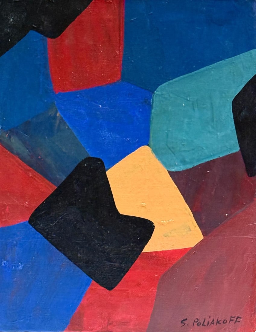 Serge Poliakoff, Oil on canvas.: Serge Poliakoff (1900-1969) Title: Untitled (Abstract Composition), Medium: Oil on canvas, Size: 14 h x 11 w in, Date: ca. 1958. This lot is accompanied by a COA (Certificate of Attribution), and is n