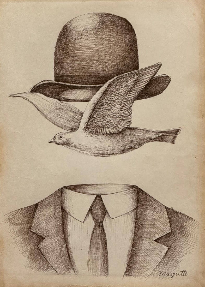 Rene Magritte, Ink on paper.: Rene Magritte (1898-1967) Title: Untitled (Man and dove), Medium: Ink on paper, Date: circa 1966, Size: 13.50 h x 9.50 w inches. This lot is accompanied by a COA (Certificate of Attribution), and is n