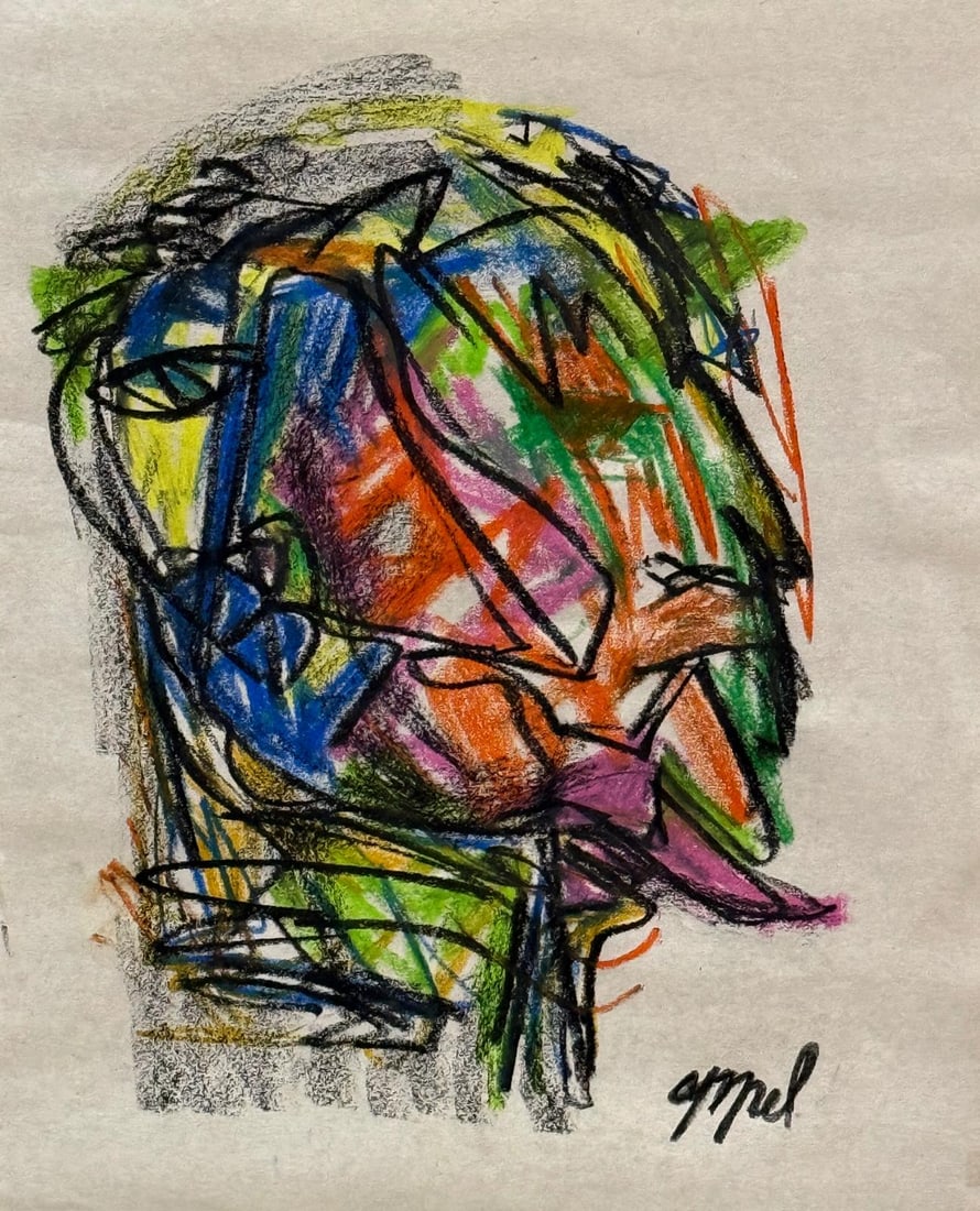 Karel Appel, Oil pastel on paper.: Karel Appel (1921-2006) Title: Untitled (Abstract composition), Medium: Oil pastel on paper, Date: ca. 1960, Size: 17 h x 14 w in. This lot is accompanied by a COA (Certificate of Attribution), and is