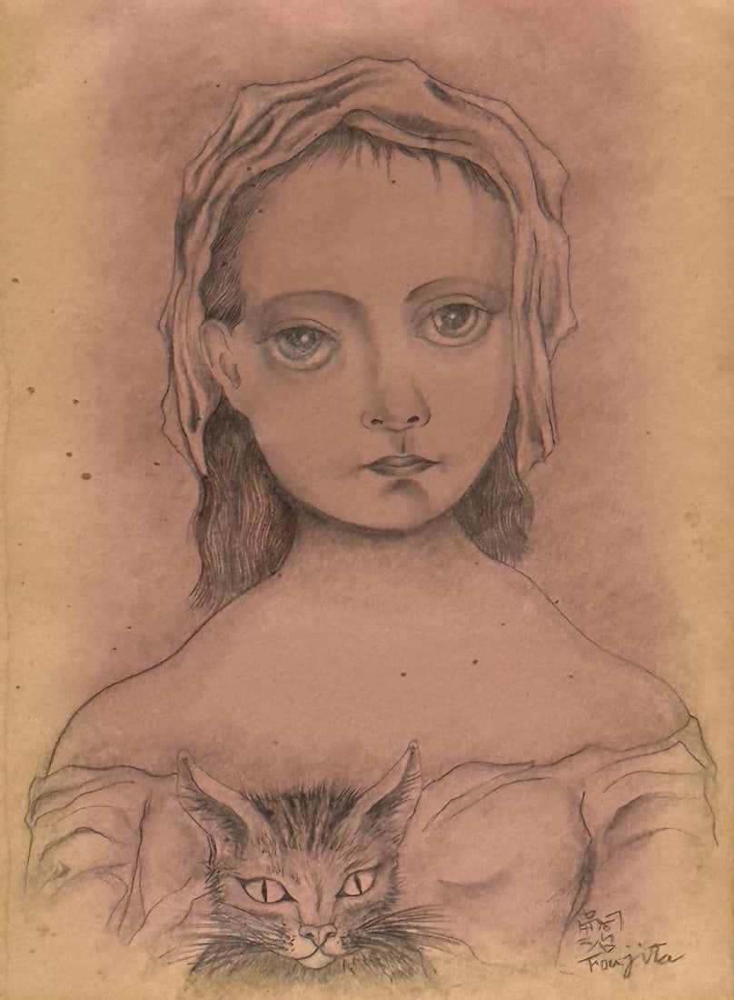 Leonard Tsuguharu Foujita, Graphite on paper.: Leonard Tsuguharu Foujita (French/Japanese, 1886-1968) Title: Untitled (Girl with a cat), Medium: Graphite on paper, Date: ca. 1926, Size: 10.75 h x 7.75 w in. This lot is accompanied by a COA (Certif